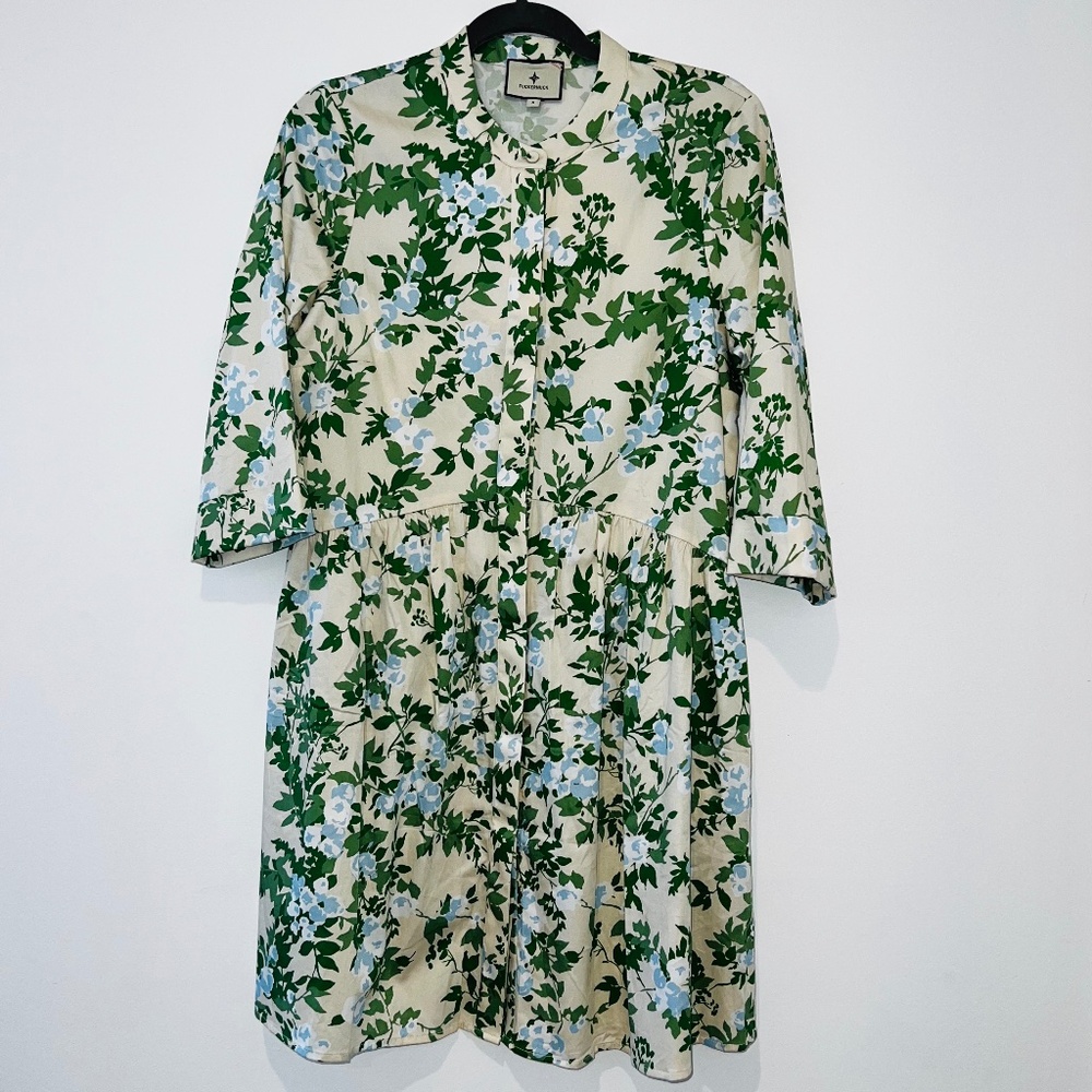 Tuckernuck Floral Ivy Green Blue and Cream Royal Shirt Dress